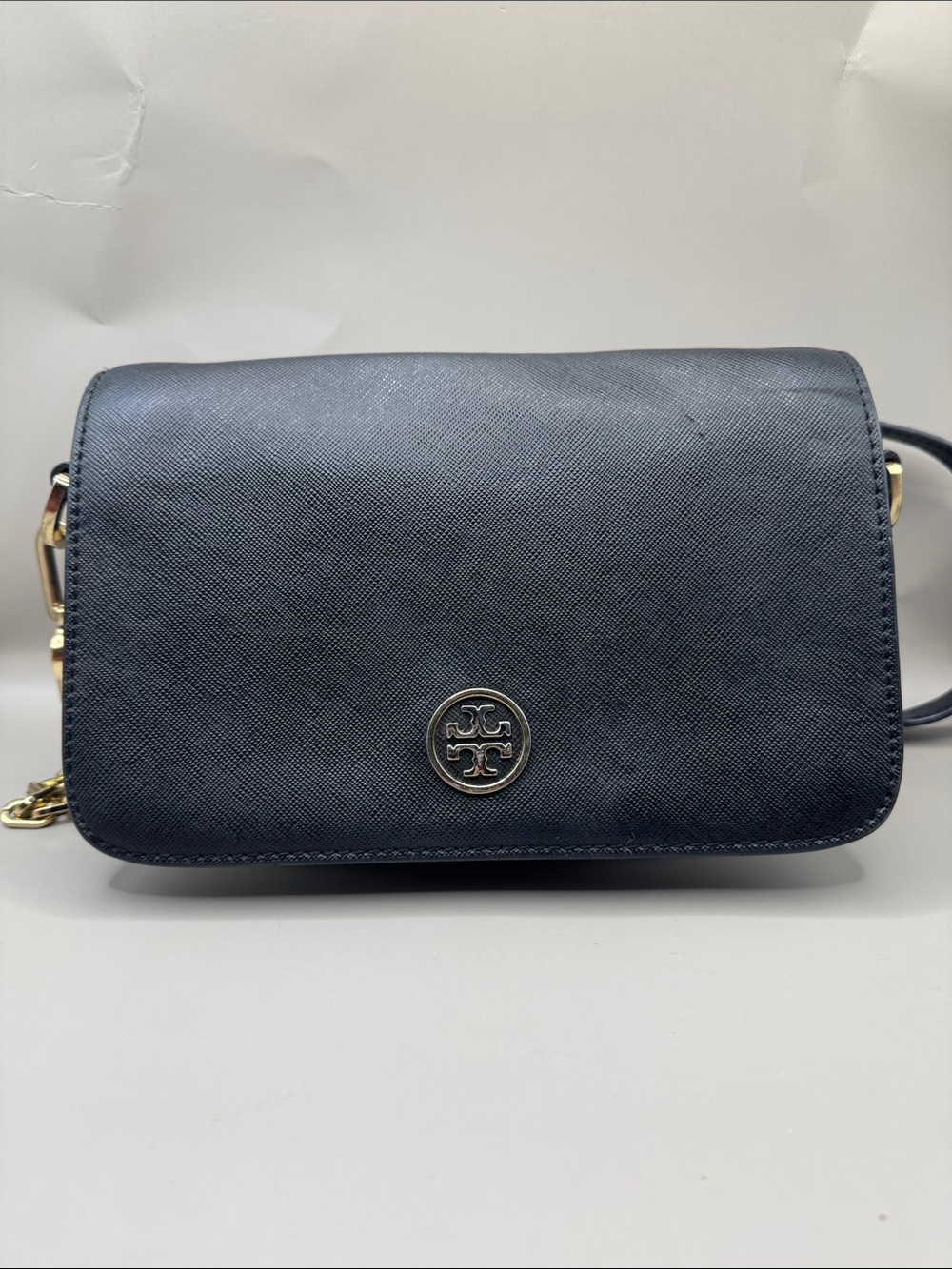 Tory Burch Black Saffiano Leather Crossbody with Gold Logo
